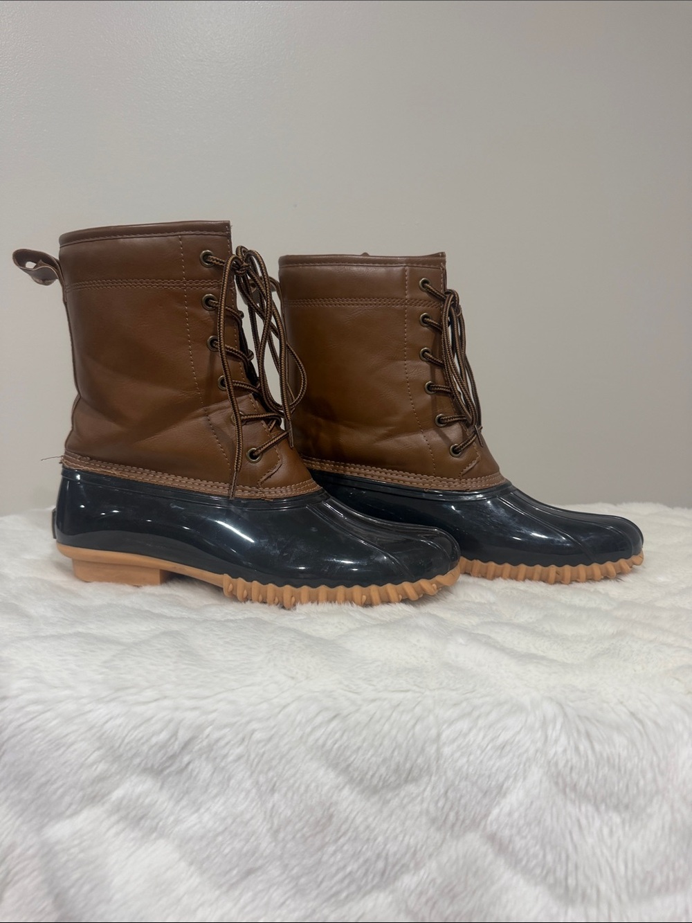 Sporto Brown Leather and Black Rubber Lace-Up Women's Duck Boots